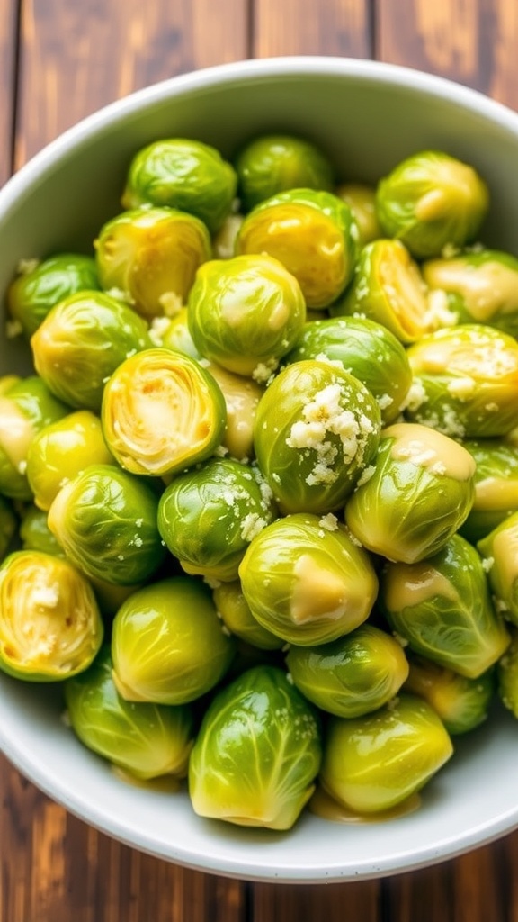 Creamy Brussels sprouts in garlic cream cheese sauce, garnished with Parmesan on a rustic table.